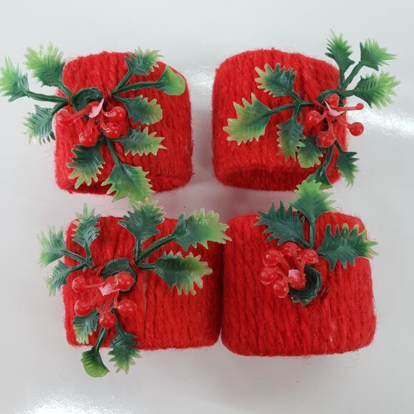 Homemade Other - Vintage 1970s ? MCM 4 Napkin Rings Yarn Wrap Red Plastic Holly Christmas Holiday